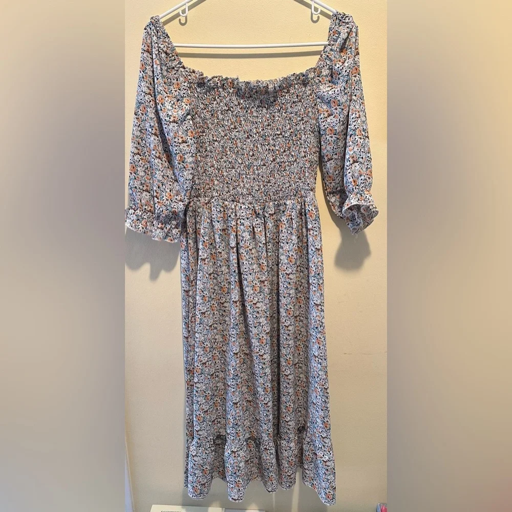 YOVITEME size XL Floral, Smocked, off the shoulder Midi Dress in Blue and Orange